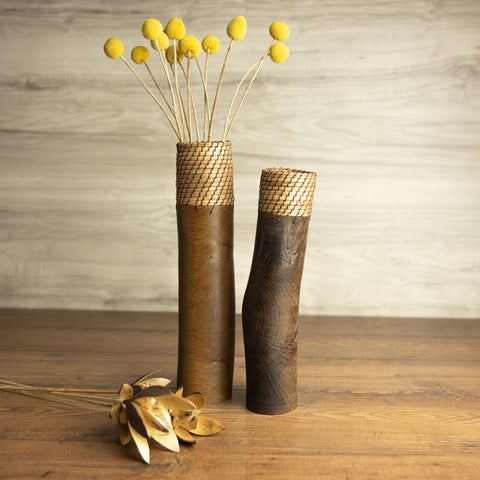 Dark brown wood vase with warp 11”