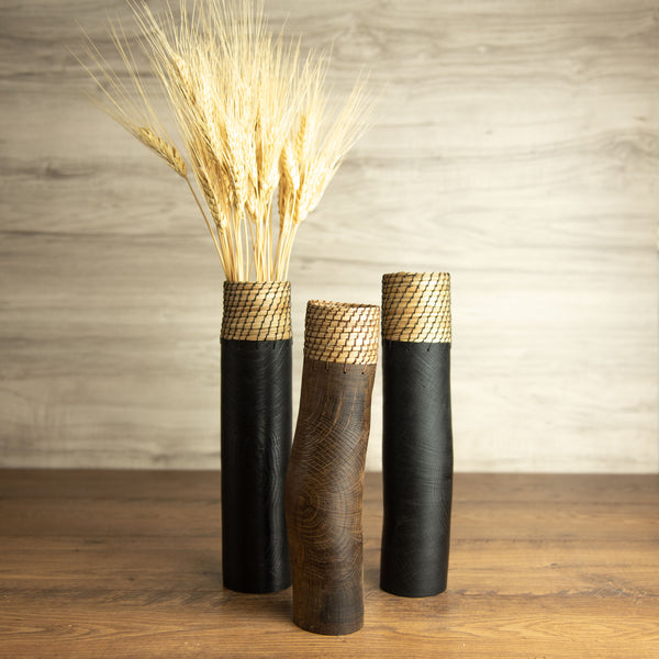 Black wood vase with natural crack 12”
